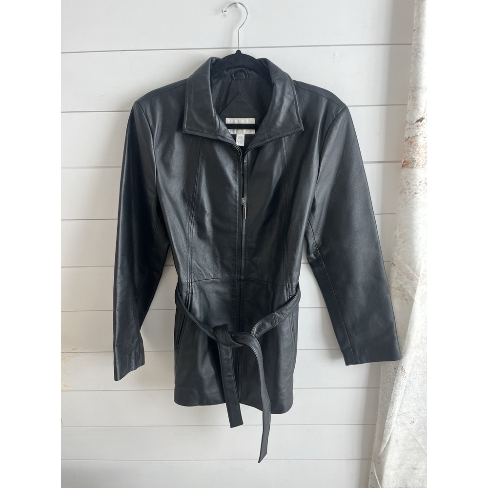 Worthington Jacket Womens Sz Medium Black Genuine Leather Belted Zip Pockets
